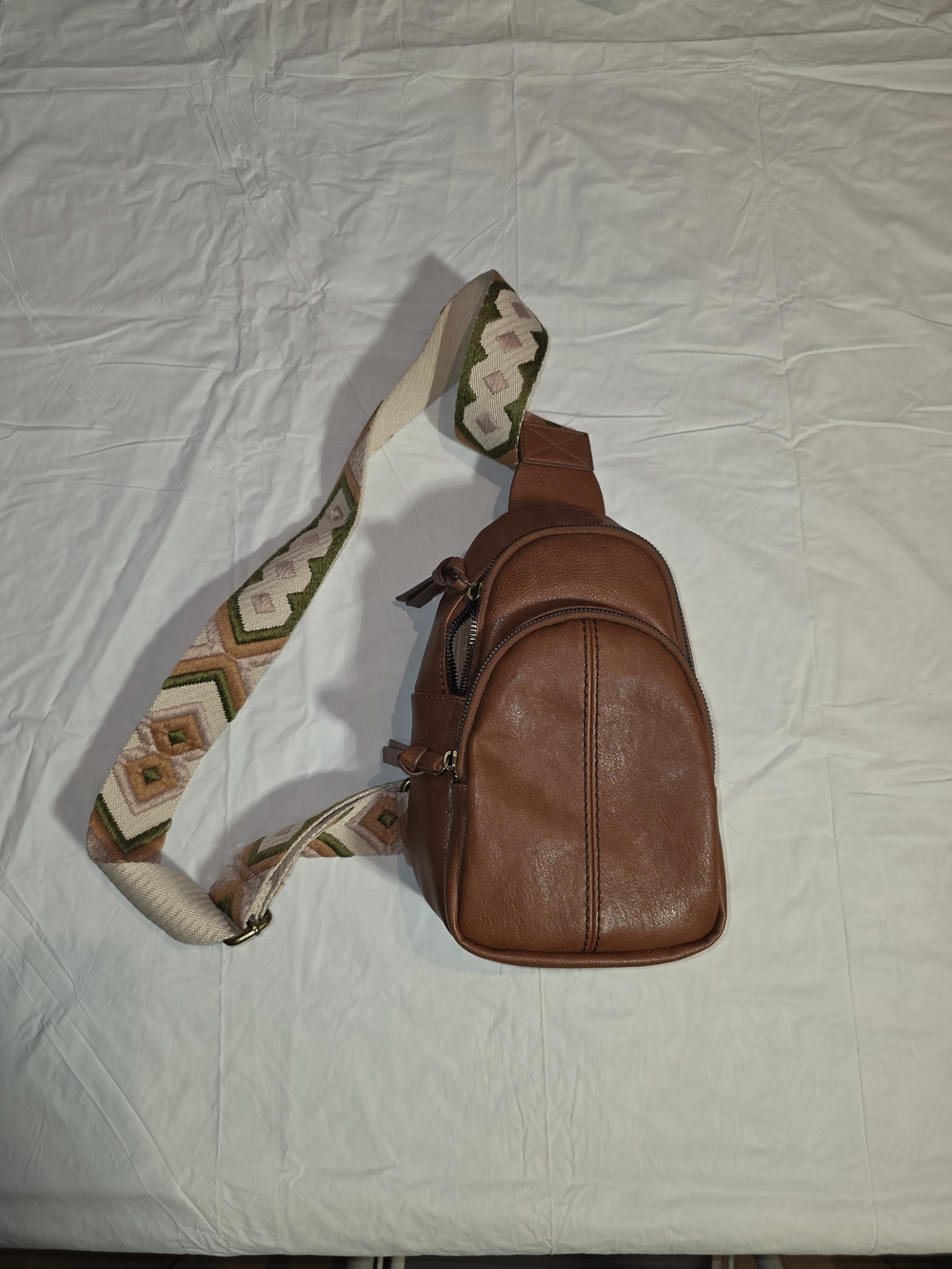 Brown Sonoma Faux Leather Crossbody Sling Bag with Patterned Strap